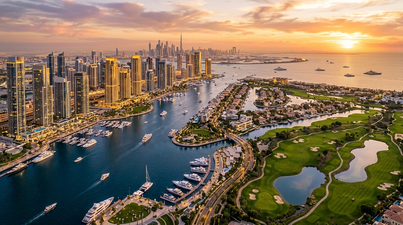 Waterfront master-planned mega development at sunset, evoking Gulf developer capital moving into international coastal real estate